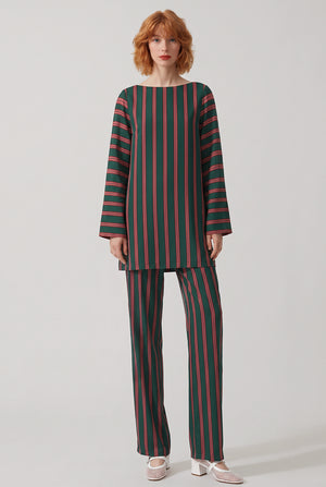 DRIES VAN NOTEN RTW Charlie Fluid Stripe Blouse Mini Dress | Bottle Green/Burgundy