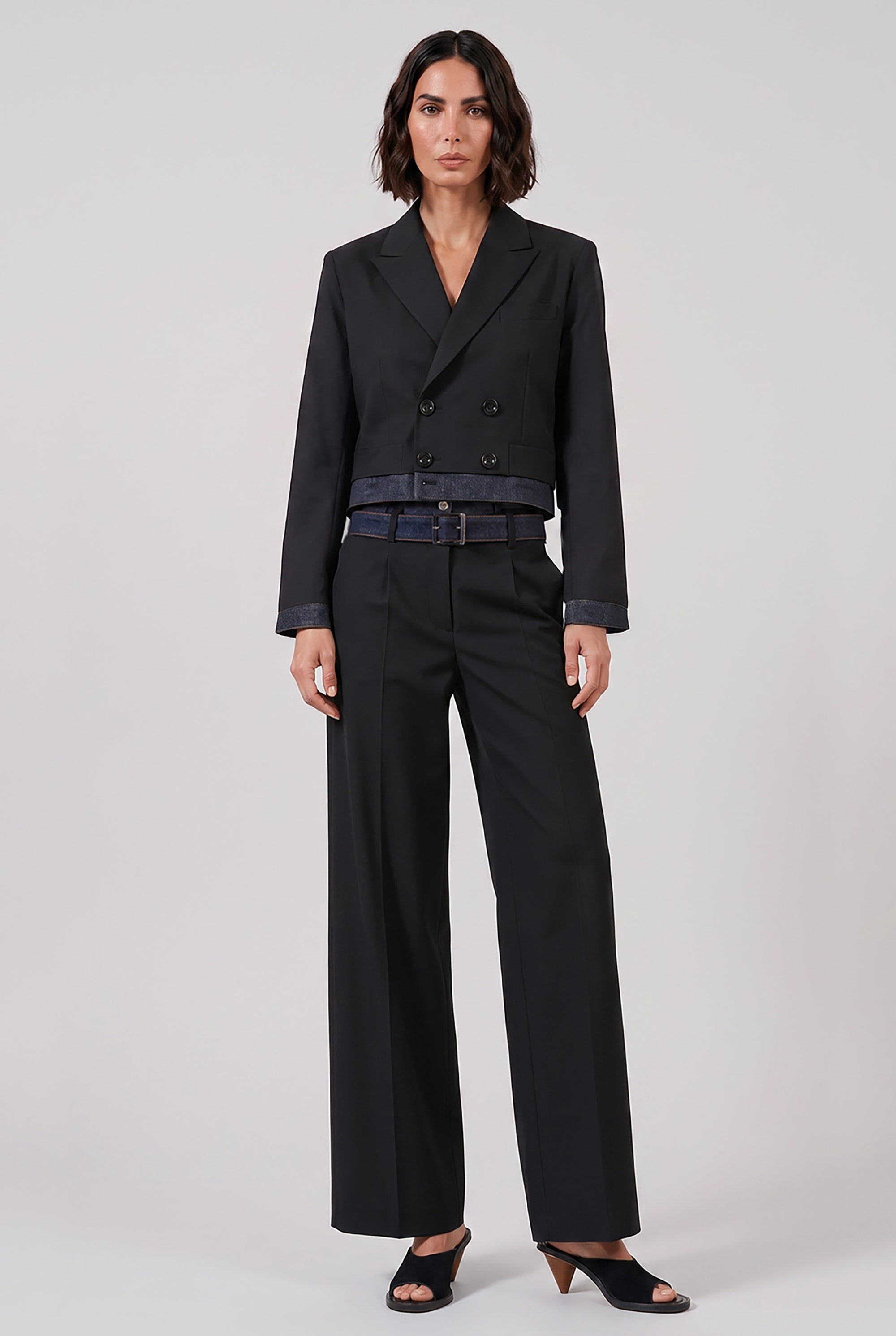 SACAI RTW Suiting X Denim Oversize Double Breast Jacket | Black/Indigo