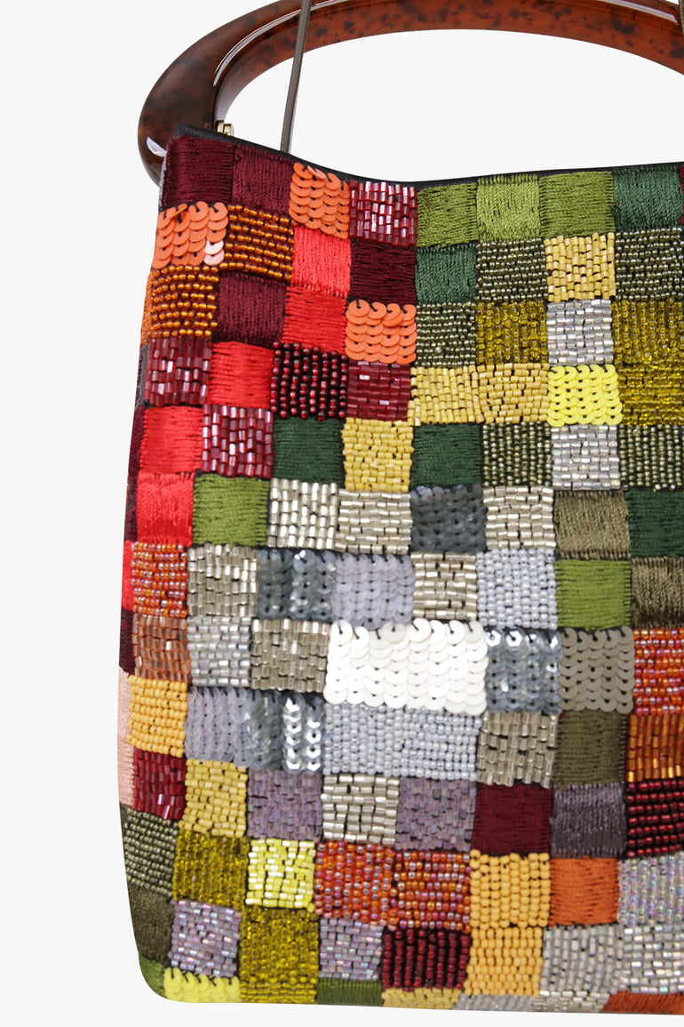 Close-up of the beaded and sequinned patchwork embroidery on the Dries Van Noten Crispino bag