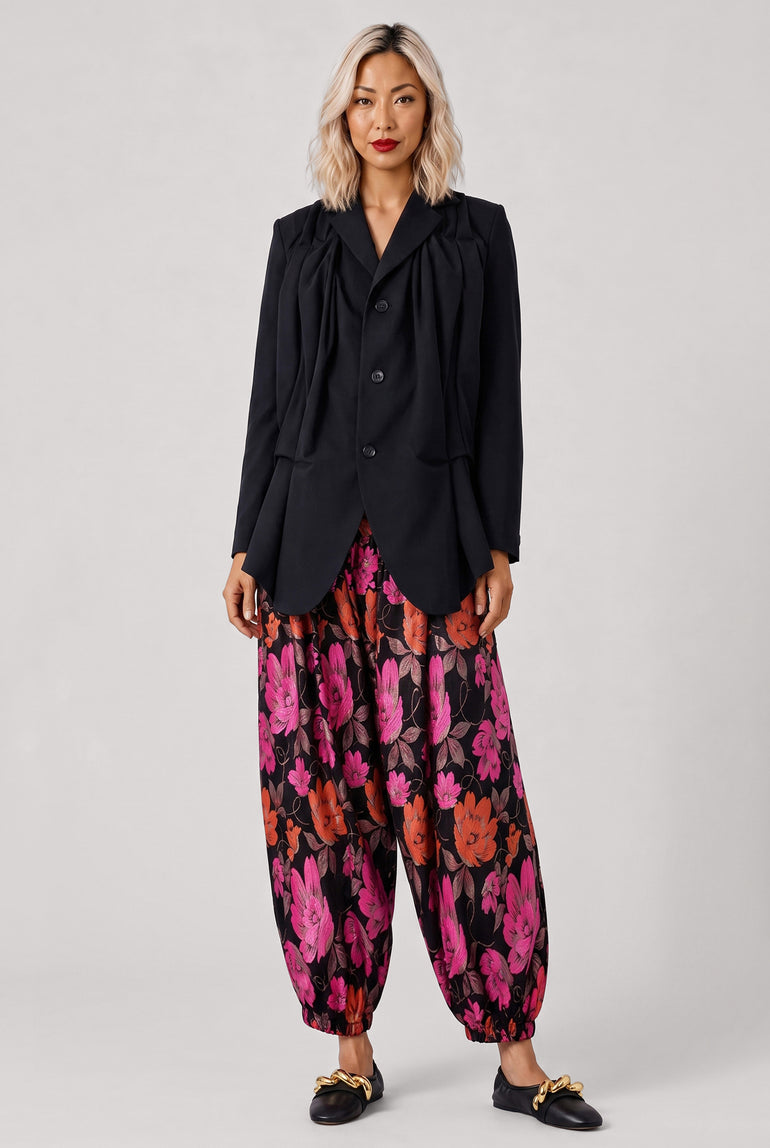 COMME DES GARCONS RTW Floral Print Drop Crotch Pant | Black/Pink