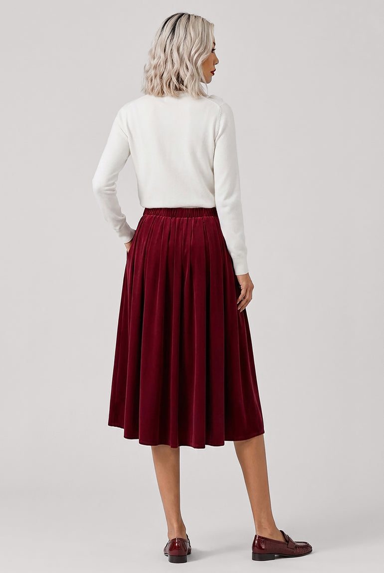 COMME DES GARCONS RTW Elastic Waist Velvet Pleat Midi Skirt | Burgundy
