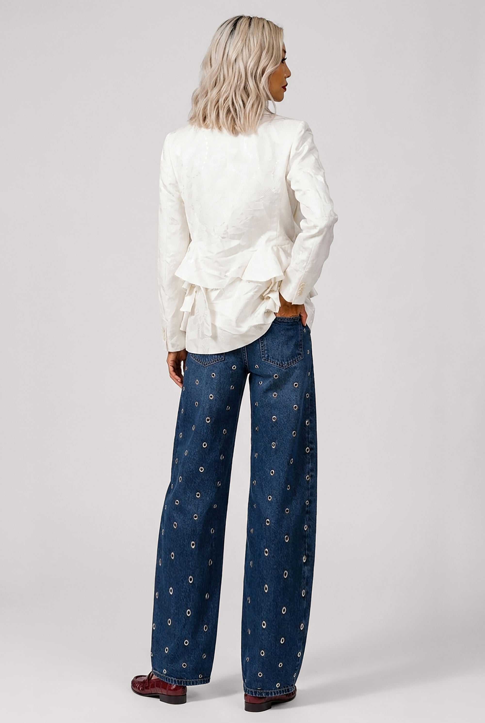 COMME DES GARCONS RTW Lace Pattern Ruffle Asymmetric Jacket | White