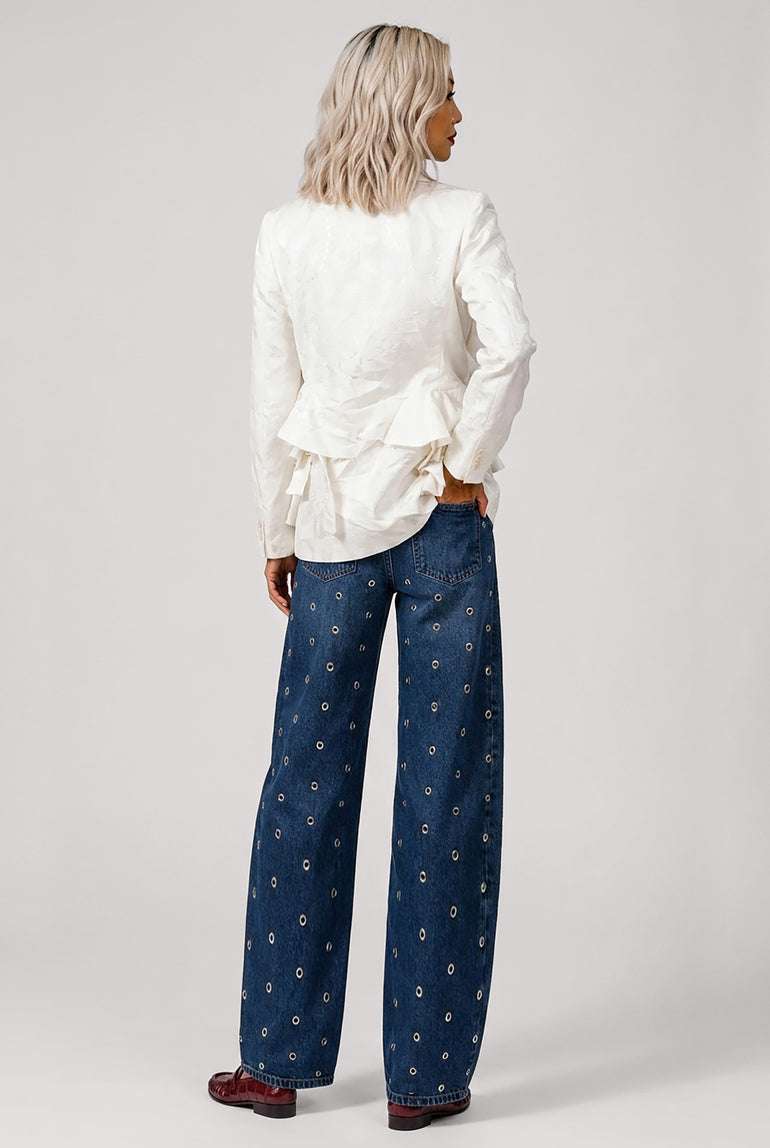 COMME DES GARCONS RTW Lace Pattern Ruffle Asymmetric Jacket | White