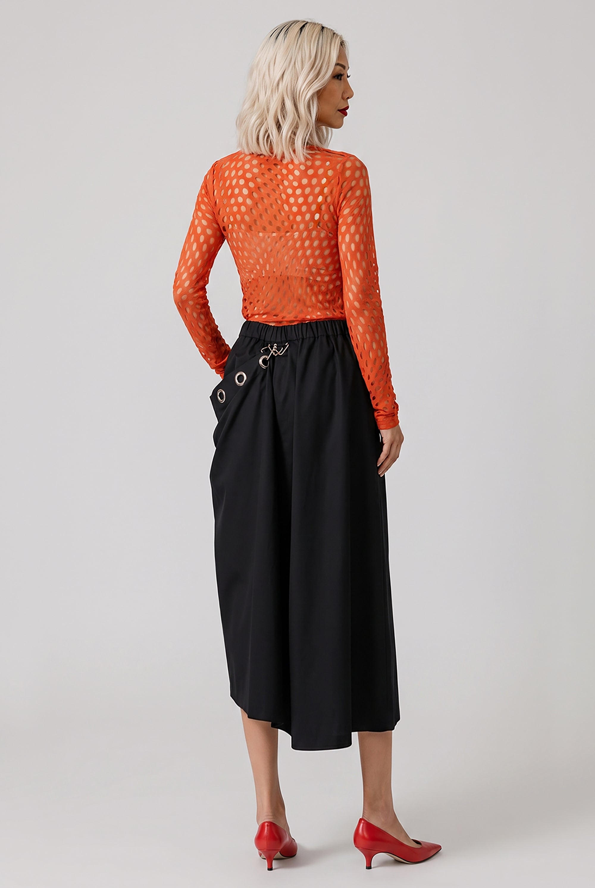 NOIR KEI NINOMIYA RTW Elastic Waist Midi Skirt With Draped Eyelet Panel | Black