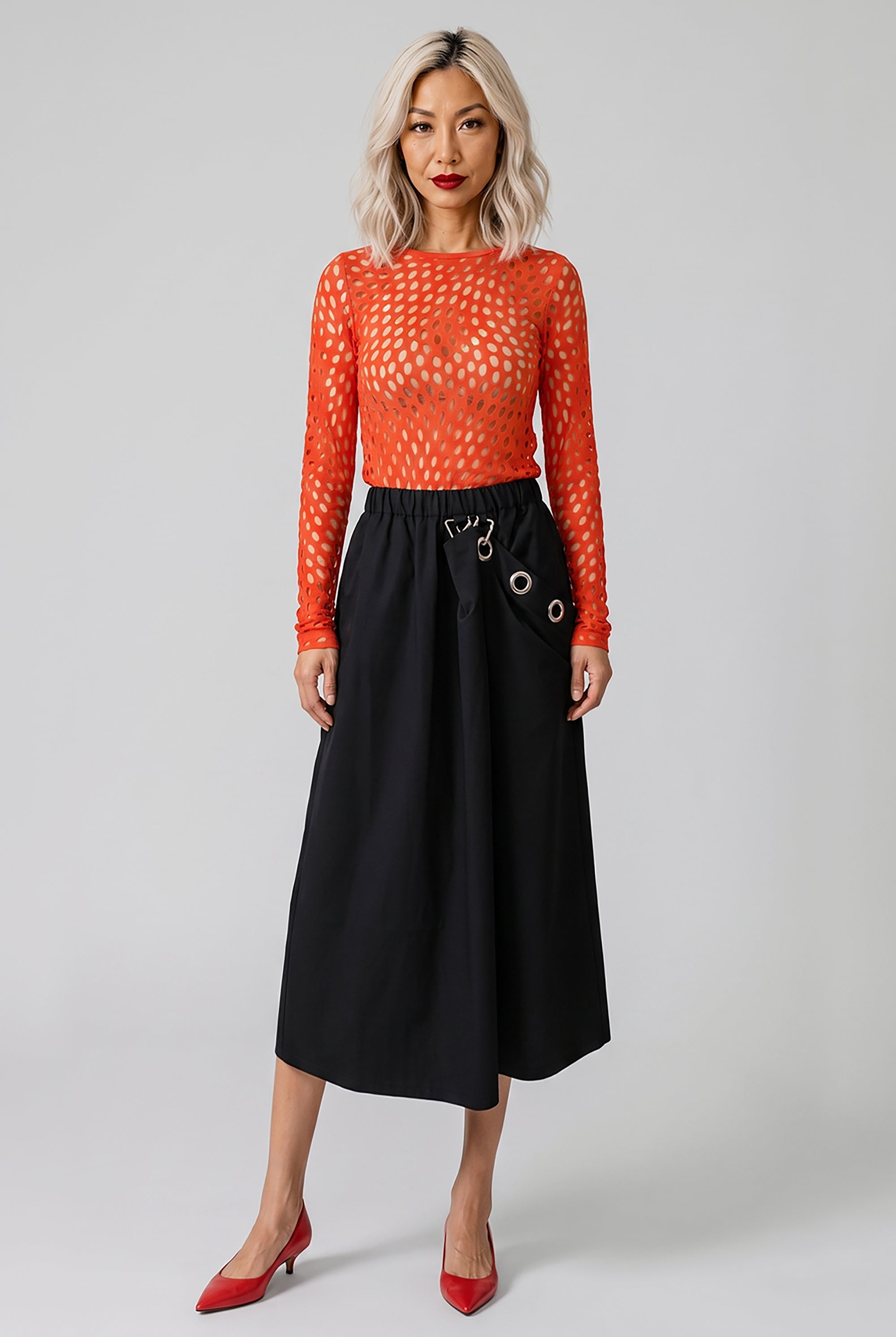 NOIR KEI NINOMIYA RTW Elastic Waist Midi Skirt With Draped Eyelet Panel | Black