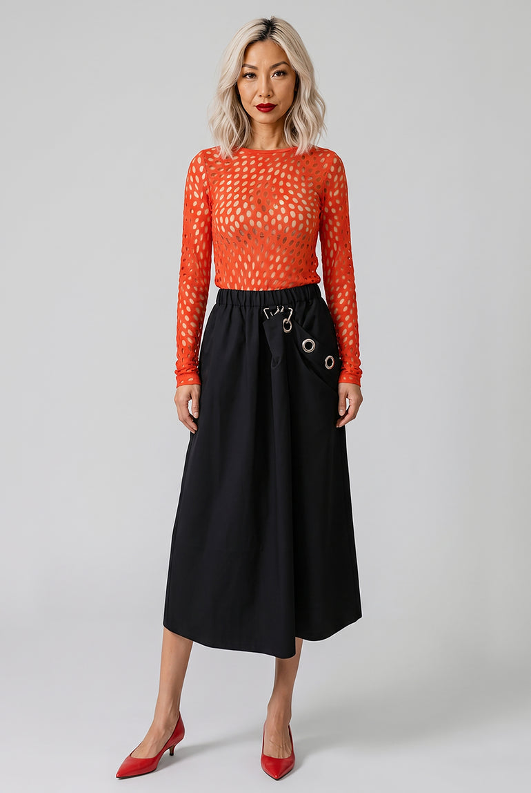 NOIR KEI NINOMIYA RTW Elastic Waist Midi Skirt With Draped Eyelet Panel | Black