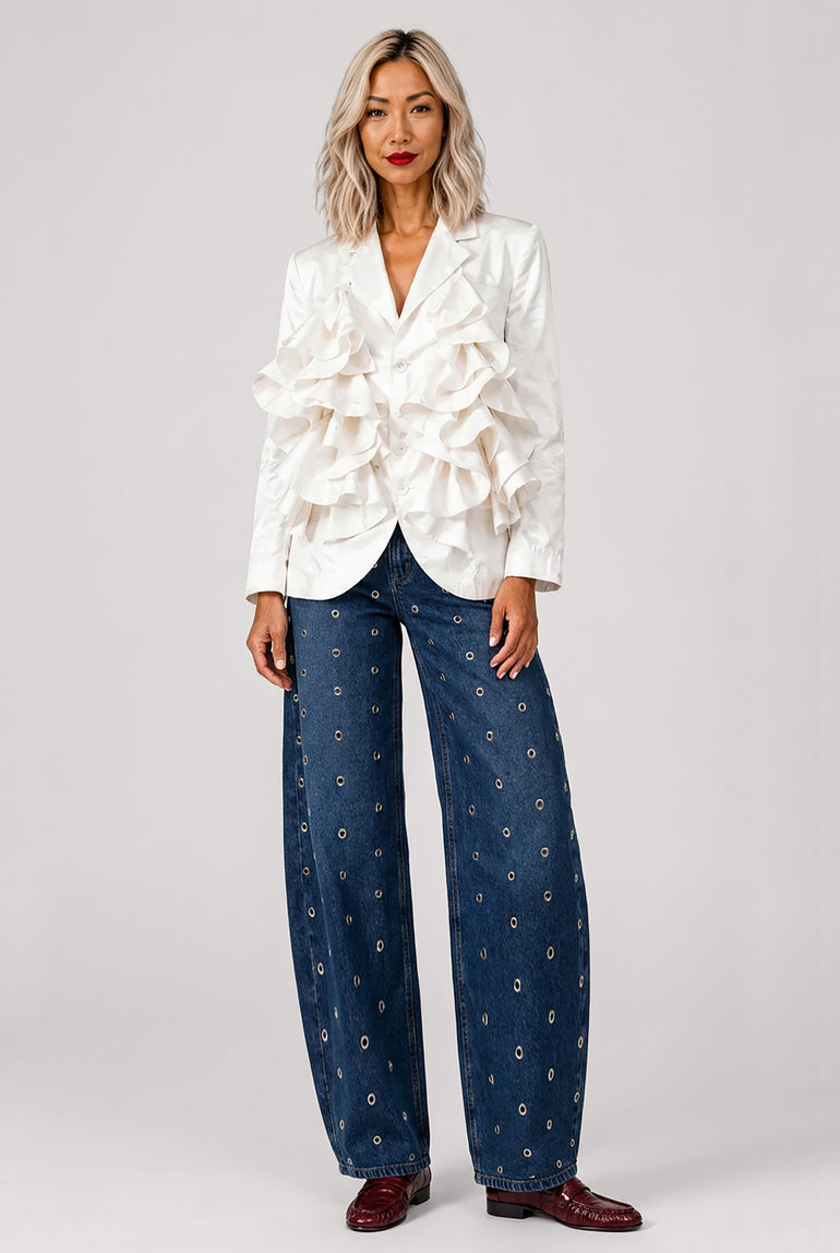 COMME DES GARCONS RTW Lace Pattern Ruffle Asymmetric Jacket | White