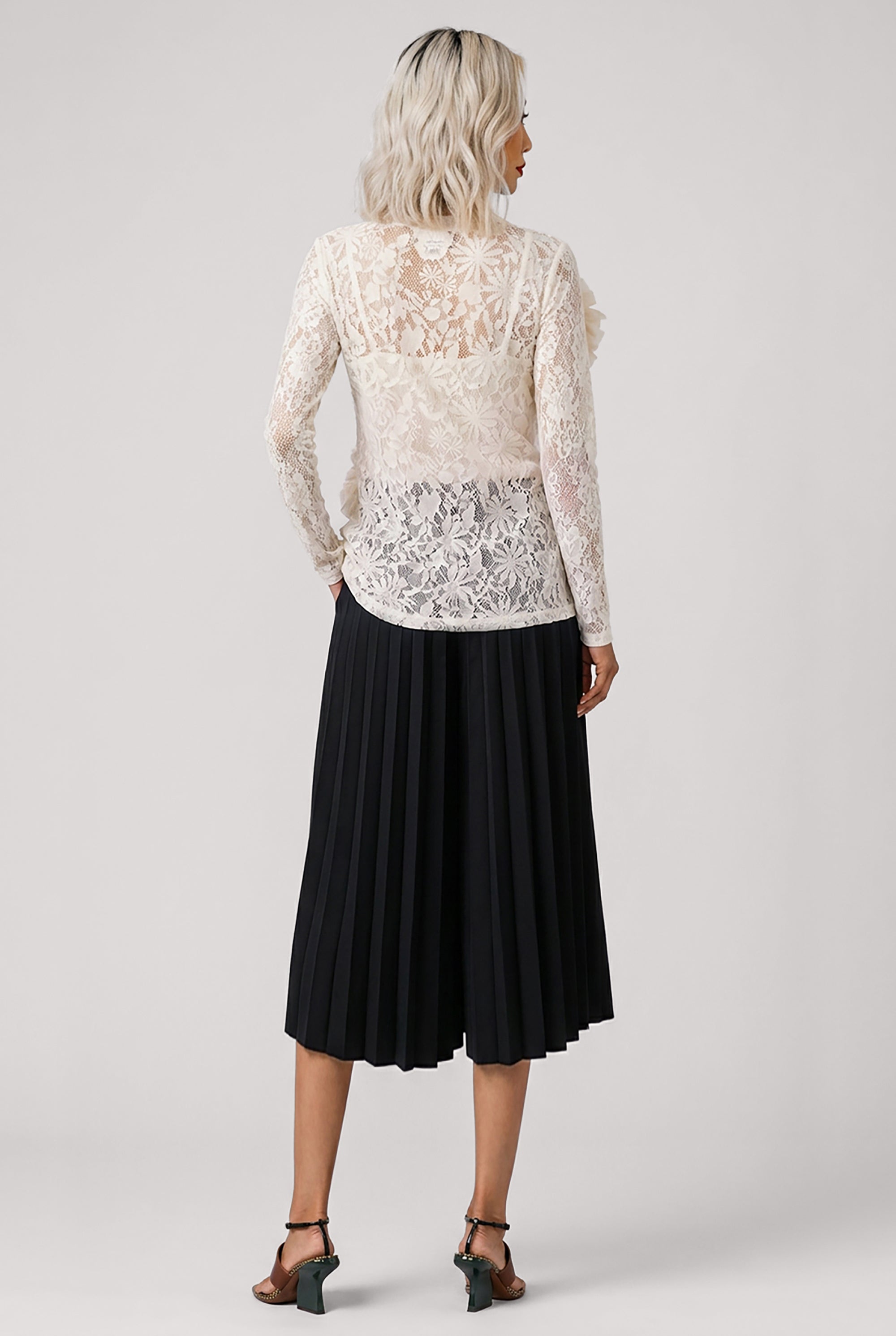 COMME DES GARCONS RTW Lace Print Ruffle Front Asymmetric Top | Ivory