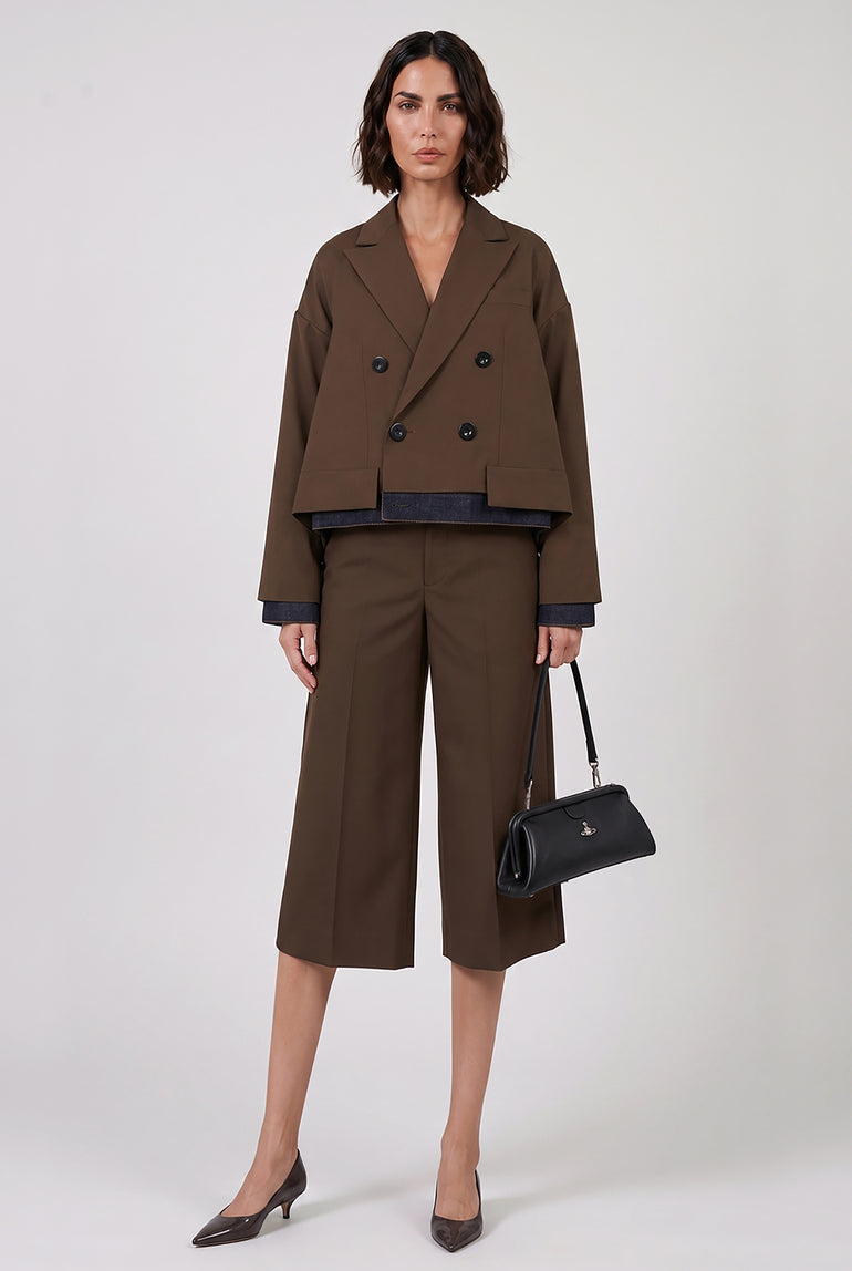 SACAI RTW Suiting X Denim Wide Leg Crop Pant | Brown/Indigo