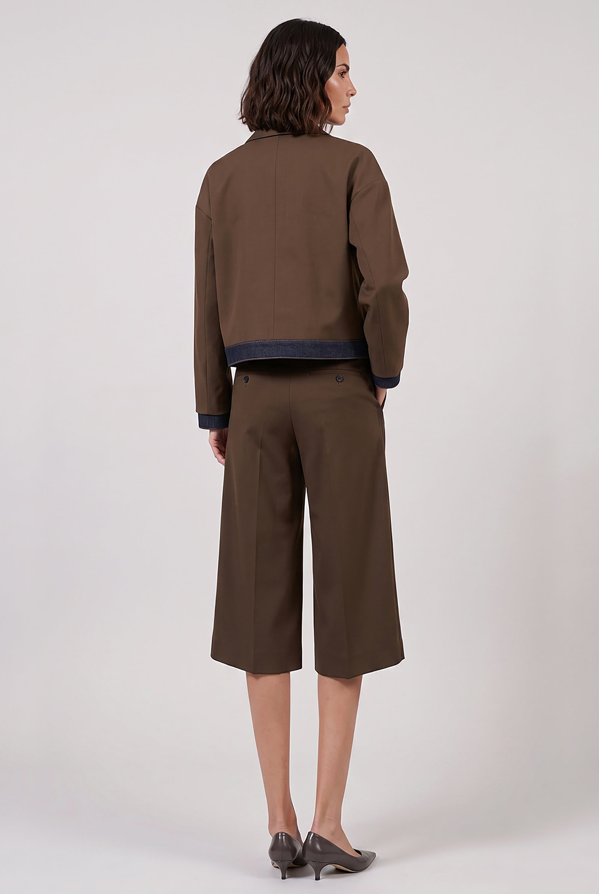 SACAI RTW Suiting X Denim Wide Leg Crop Pant | Brown/Indigo