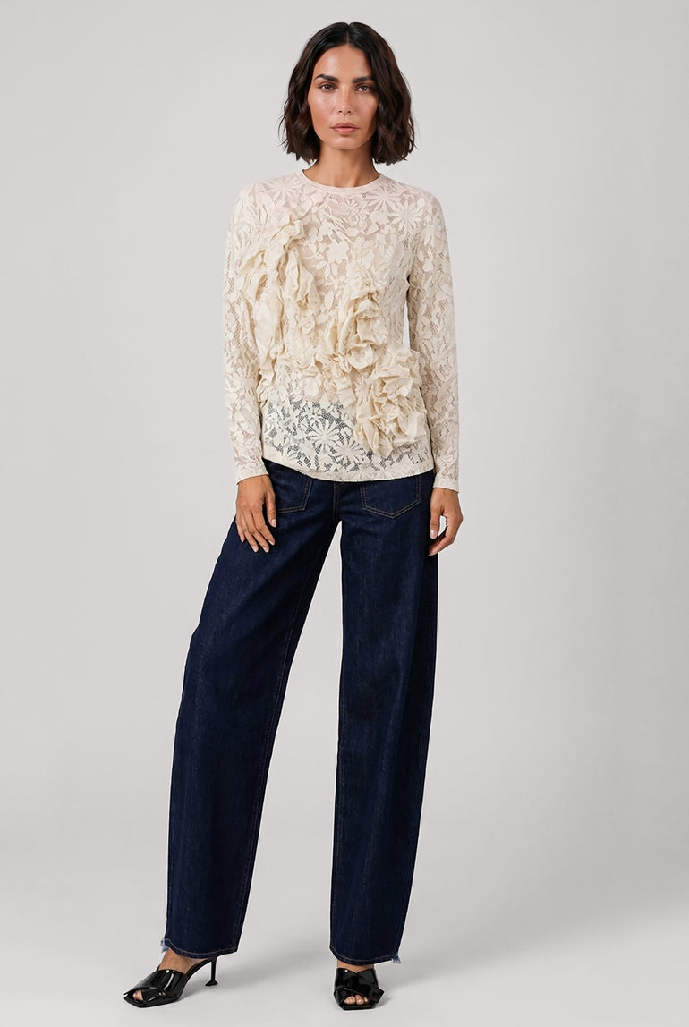 COMME DES GARCONS RTW Lace Print Ruffle Front Asymmetric Top | Ivory