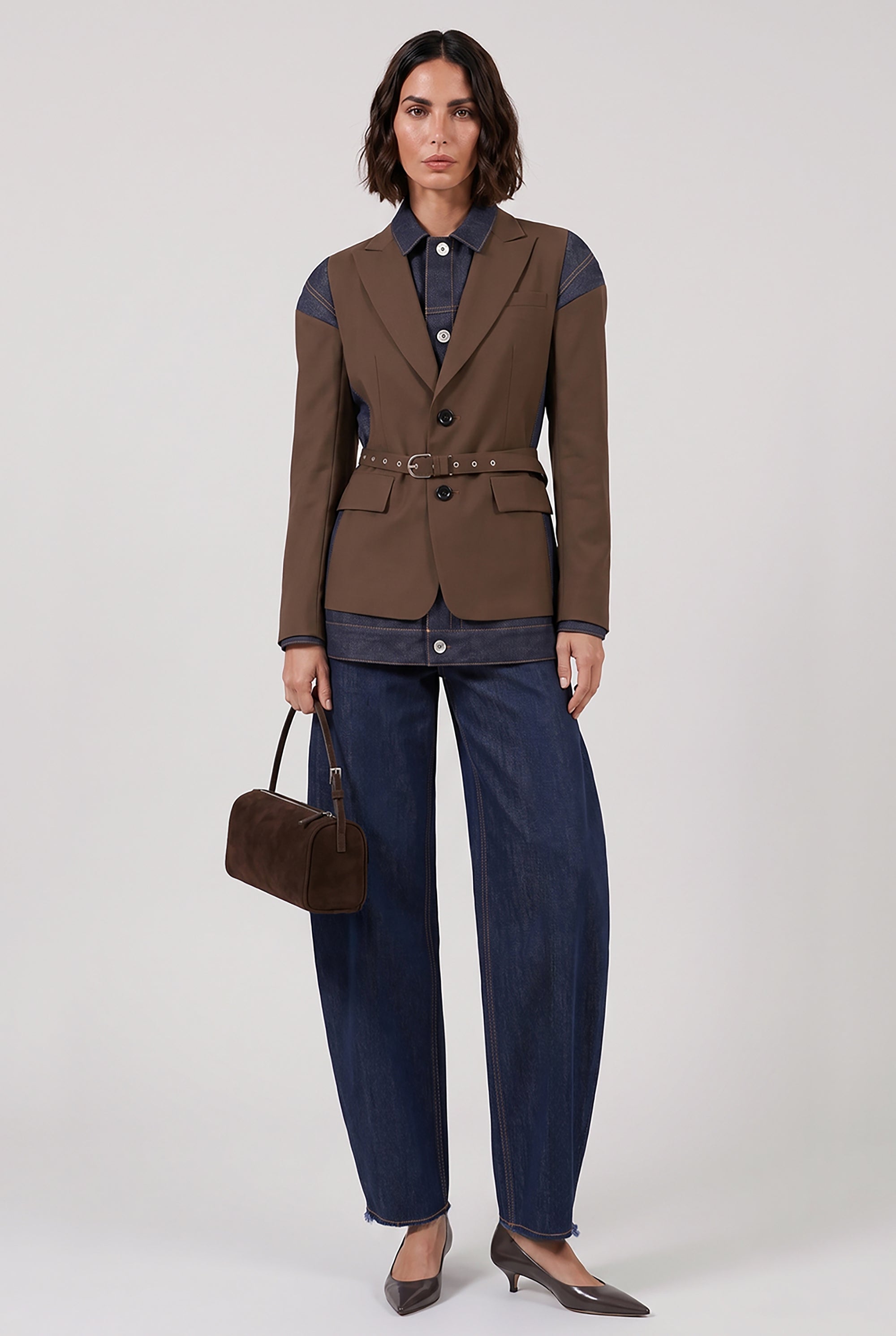 SACAI RTW Suiting X Denim Single Breast Belt Jacket | Brown/Indigo