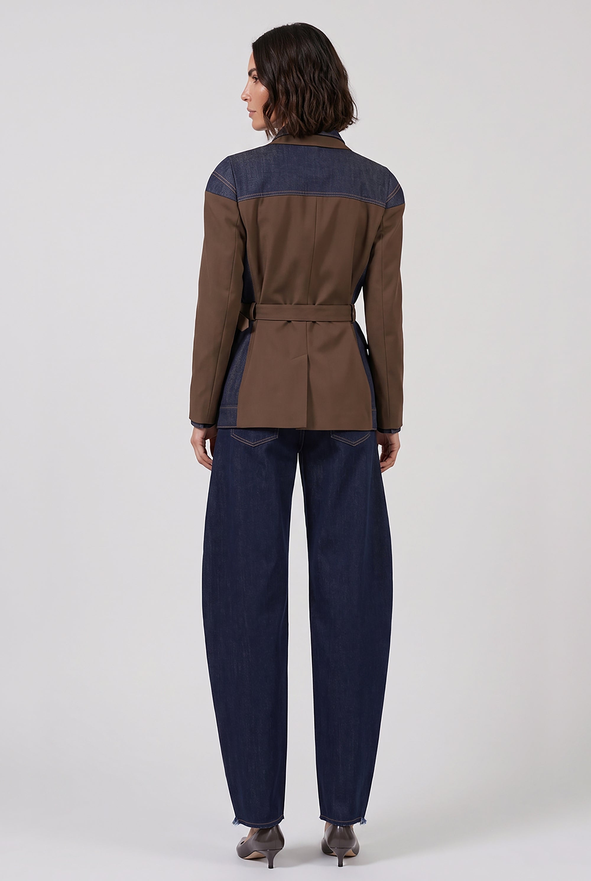 SACAI RTW Suiting X Denim Single Breast Belt Jacket | Brown/Indigo