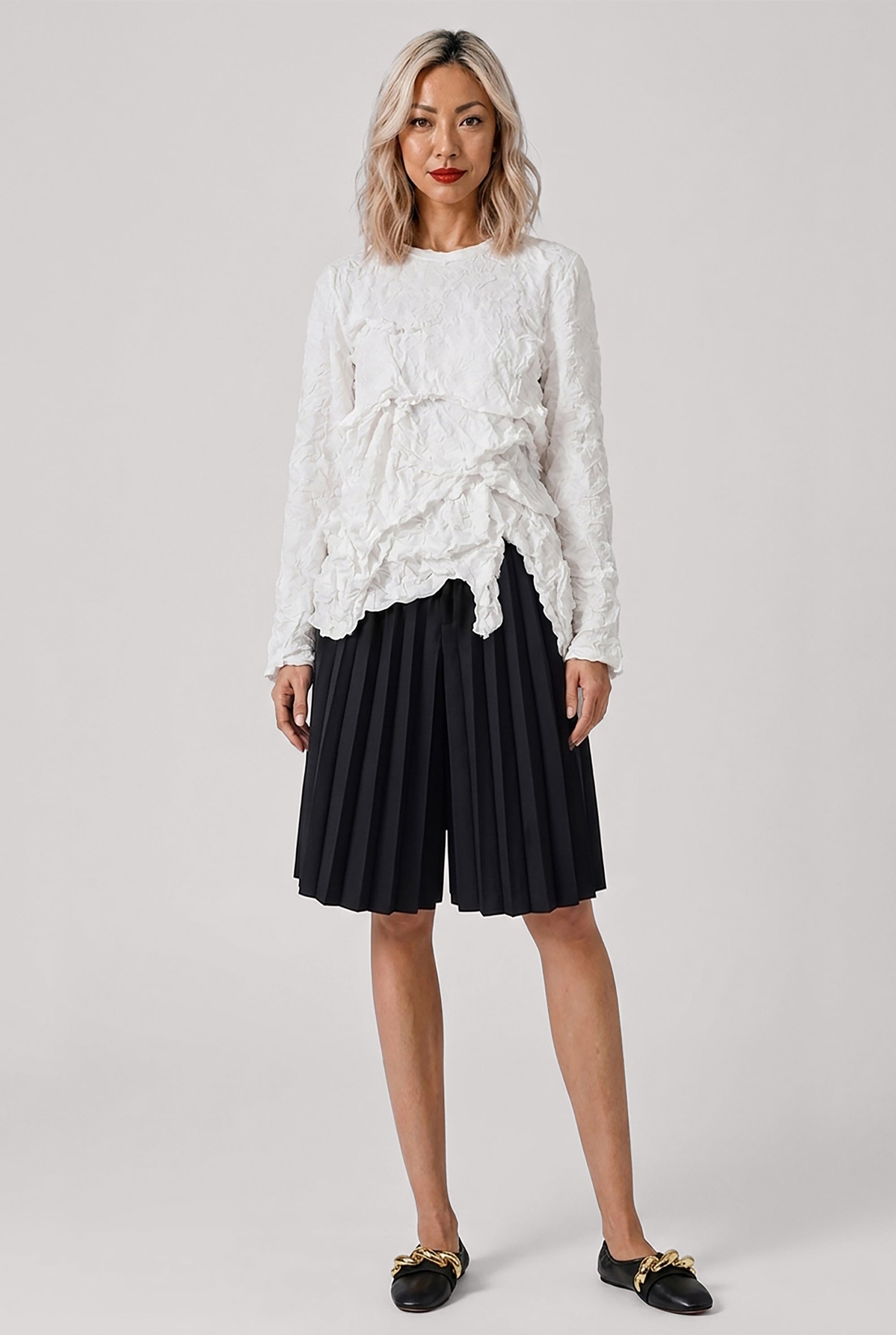 COMME DES GARCONS RTW Lace Print Deconstruct Ruffle Asymmetric Top | White