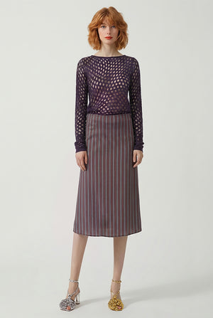 DRIES VAN NOTEN RTW Susya Stripe Midi Skirt | Burgundy/Grey