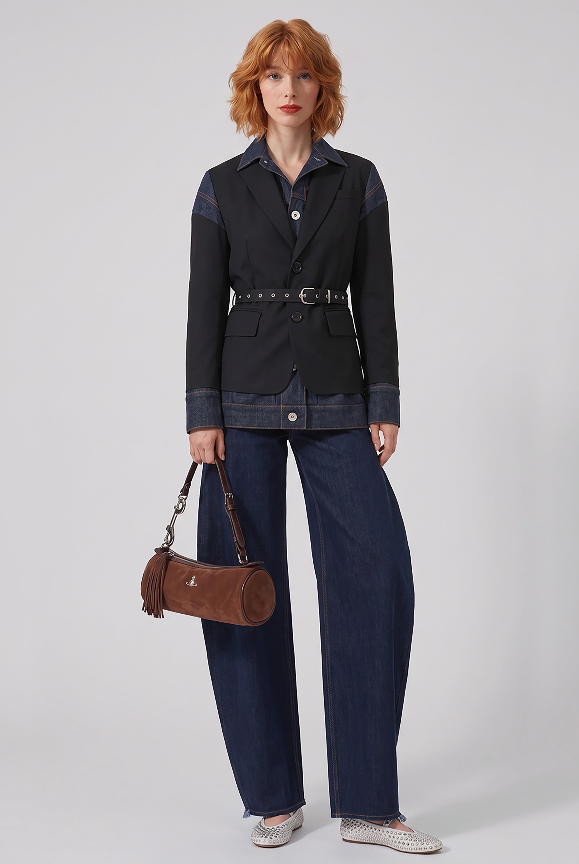 SACAI RTW Suiting X Denim Single Breast Belt Jacket | Black/Indigo