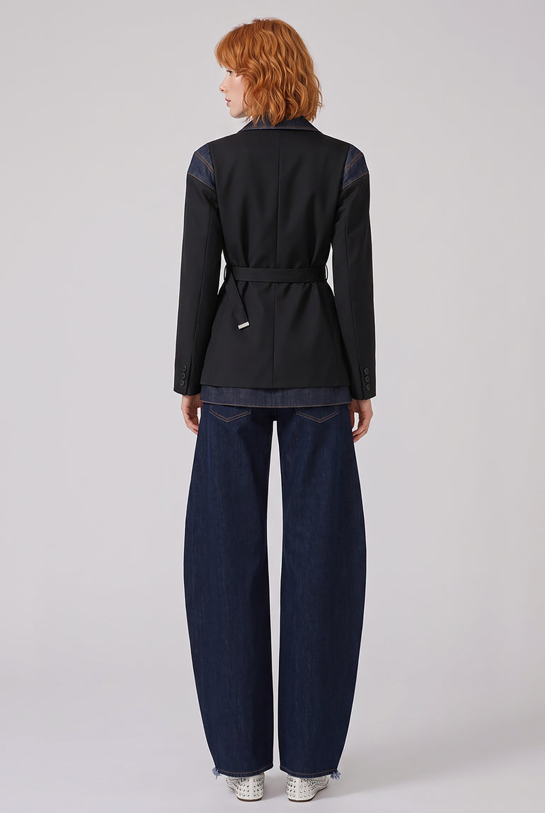 SACAI RTW Suiting X Denim Single Breast Belt Jacket | Black/Indigo