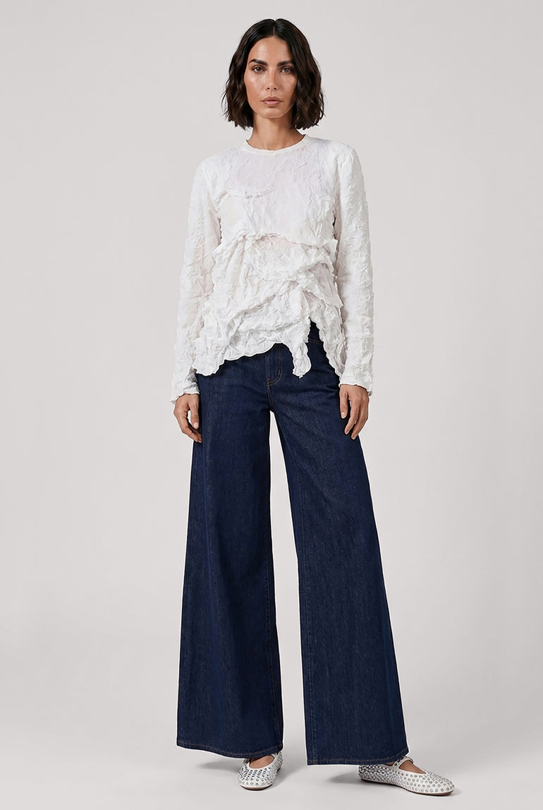 COMME DES GARCONS RTW Lace Print Deconstruct Ruffle Asymmetric Top | White
