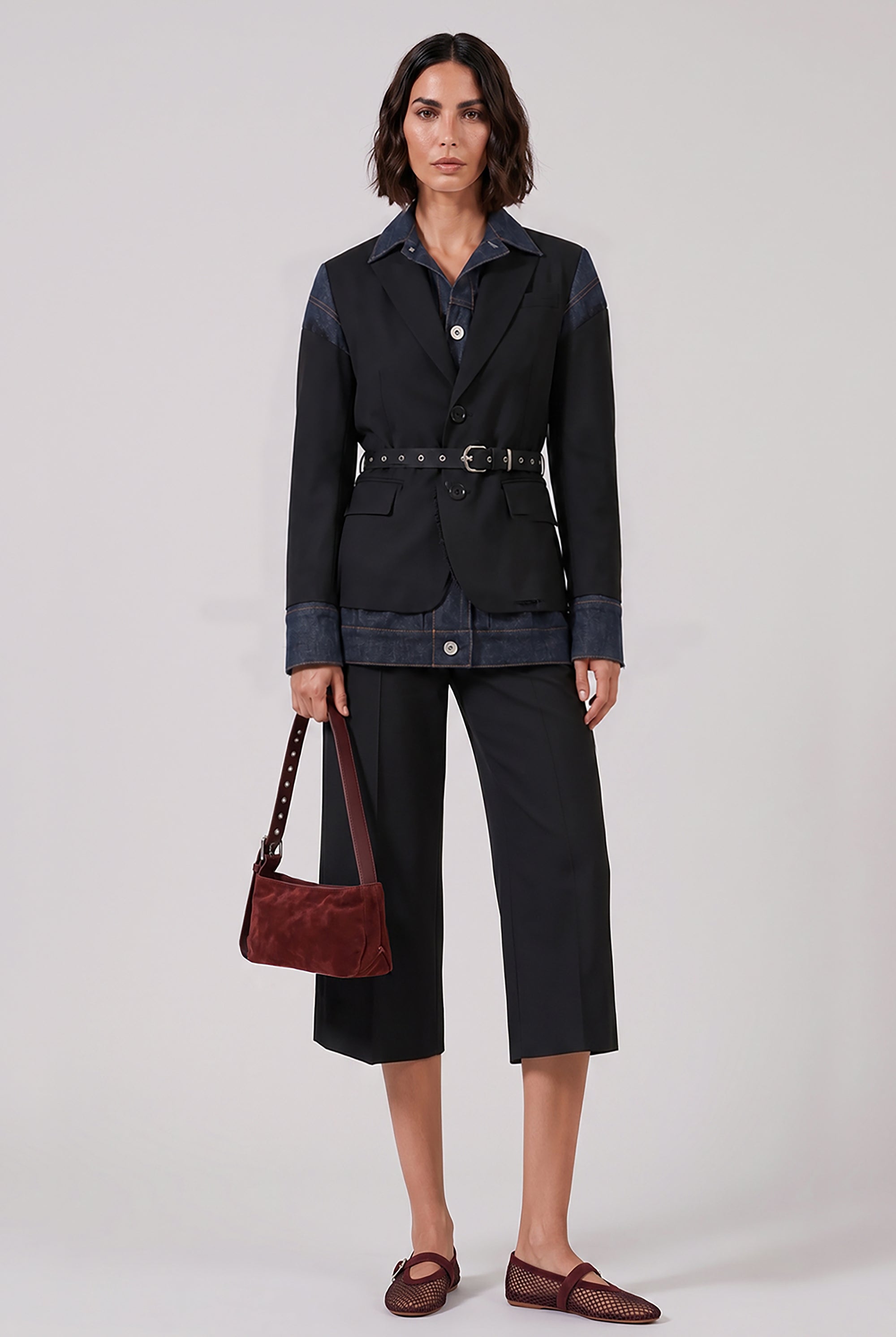 SACAI RTW Suiting X Denim Single Breast Belt Jacket | Black/Indigo