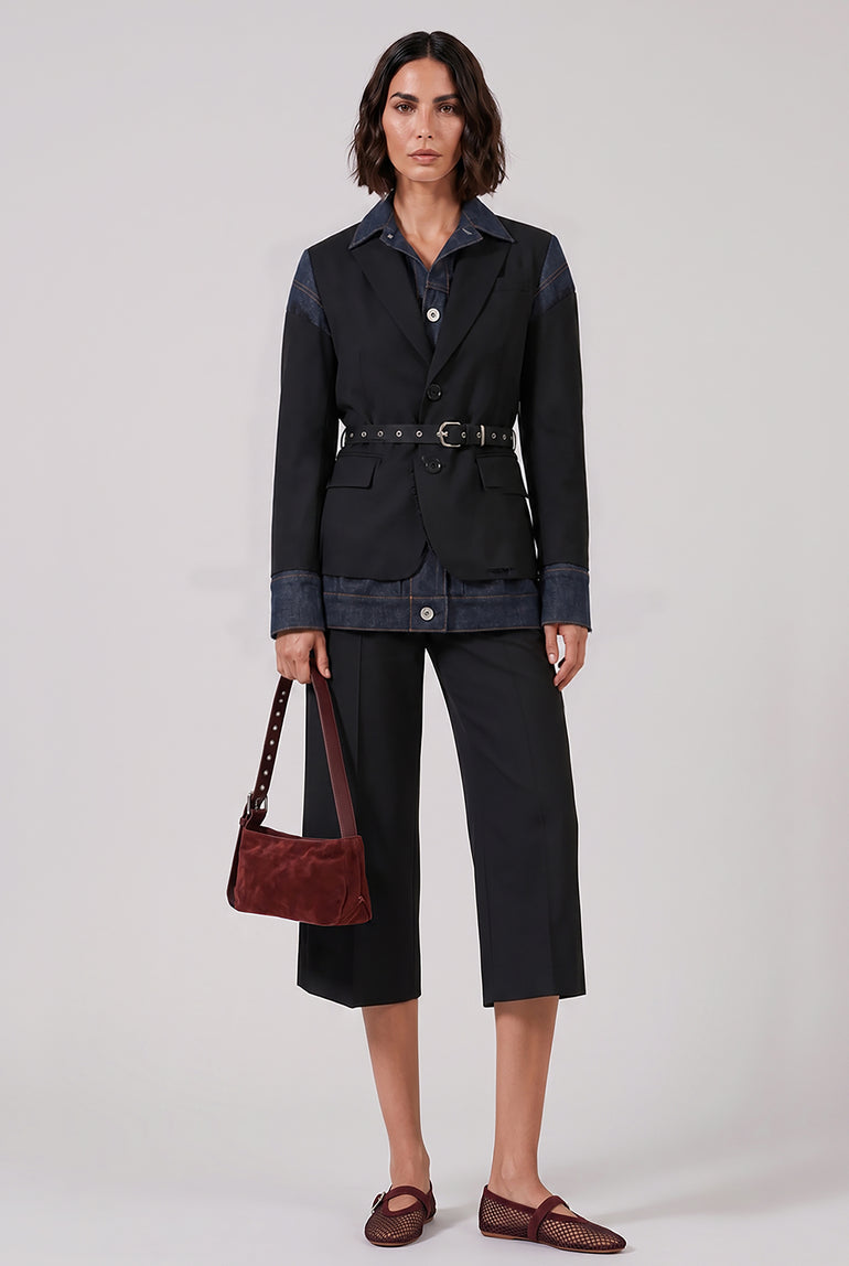SACAI RTW Suiting X Denim Single Breast Belt Jacket | Black/Indigo