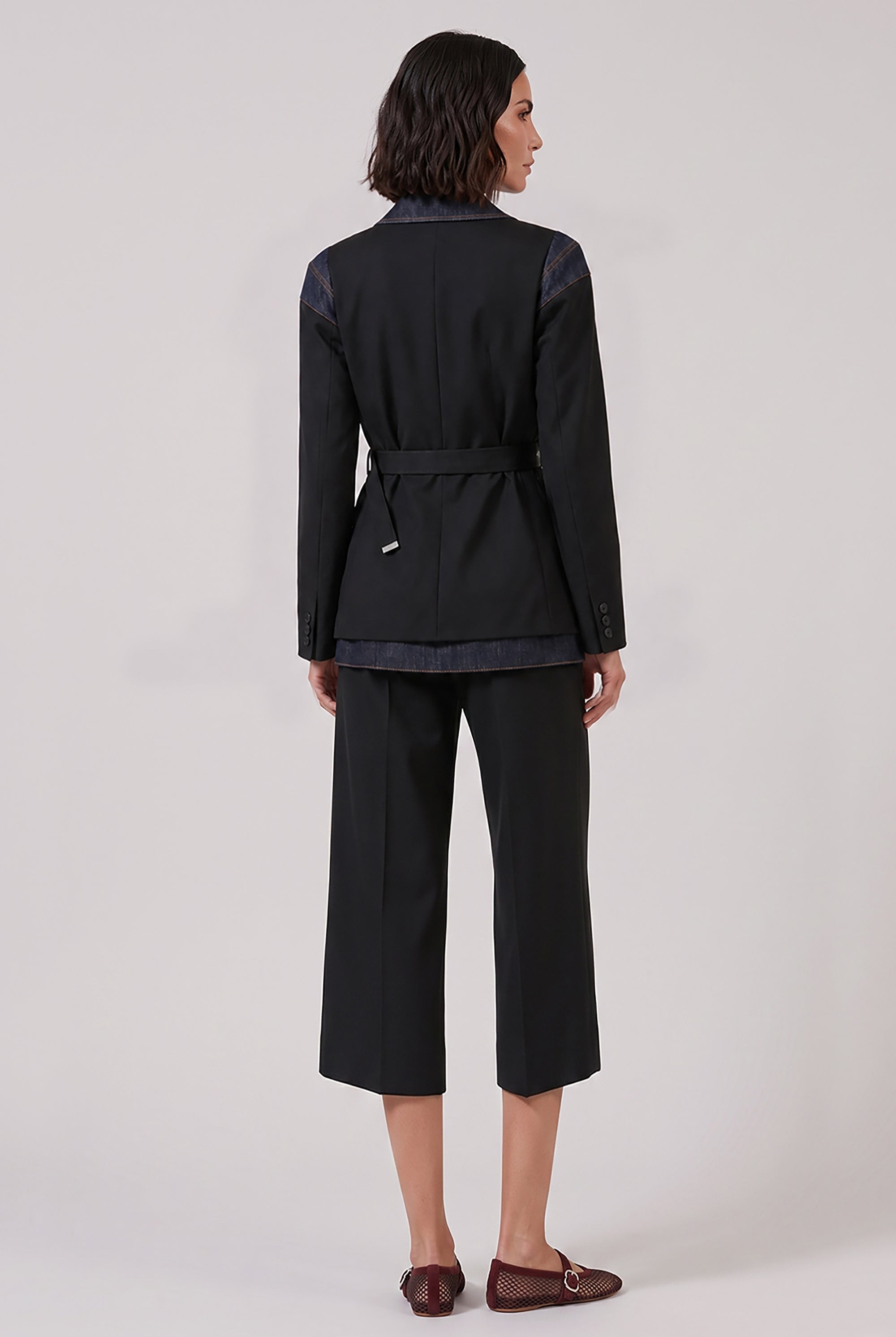 SACAI RTW Suiting X Denim Single Breast Belt Jacket | Black/Indigo