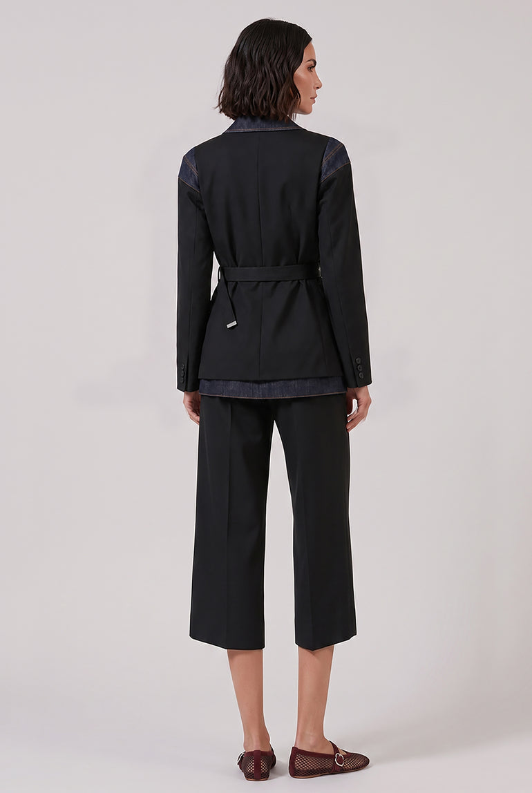 SACAI RTW Suiting X Denim Single Breast Belt Jacket | Black/Indigo