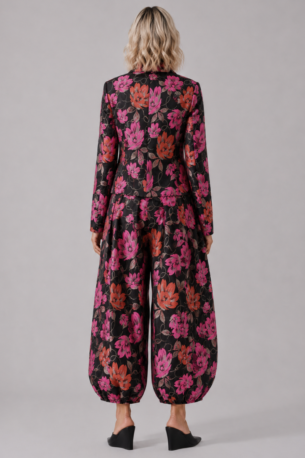 COMME DES GARCONS RTW Floral Print Drop Crotch Pant | Black/Pink