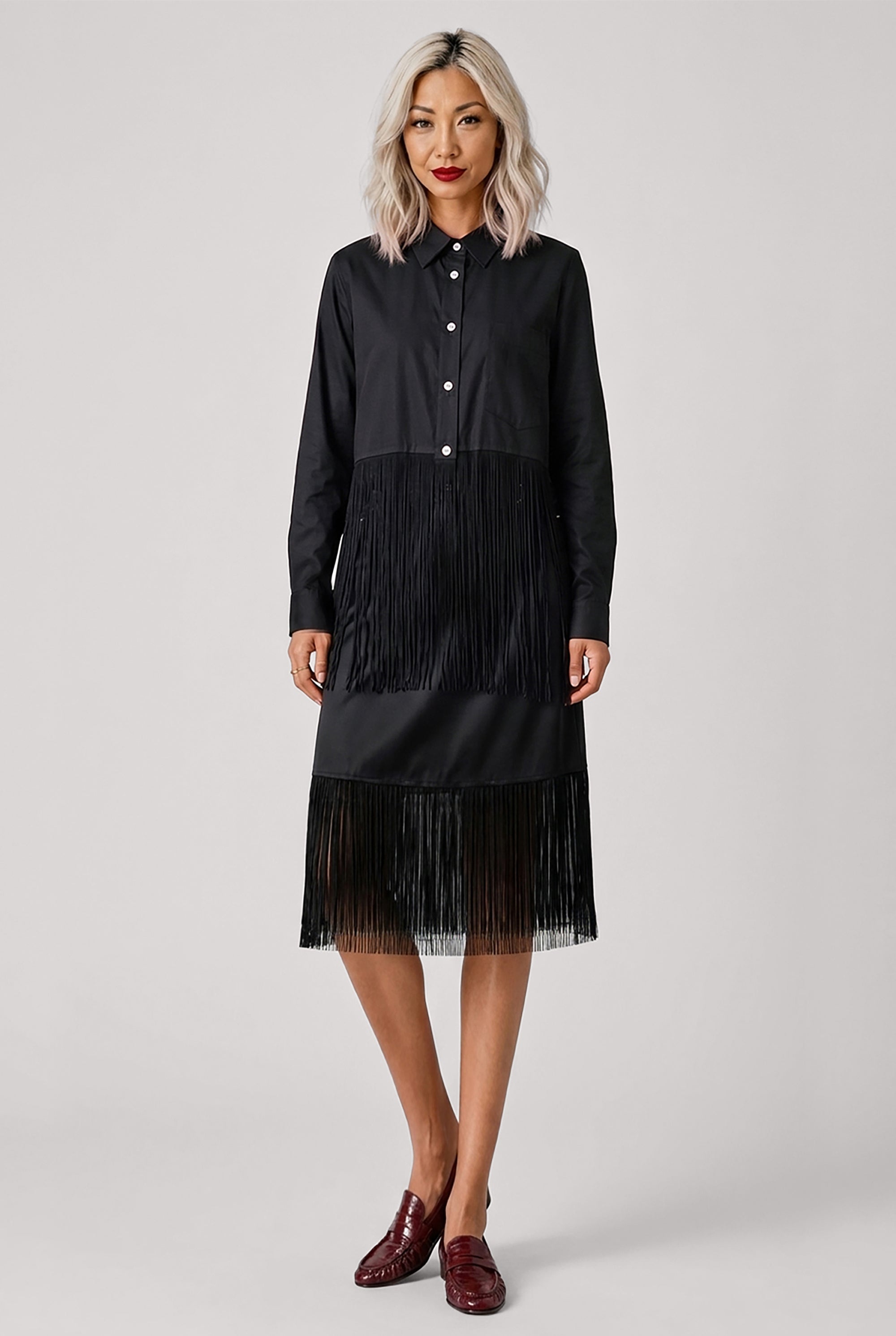 COMME DES GARCONS BLACK RTW Satin Fringe Hem Long Shirt | Black