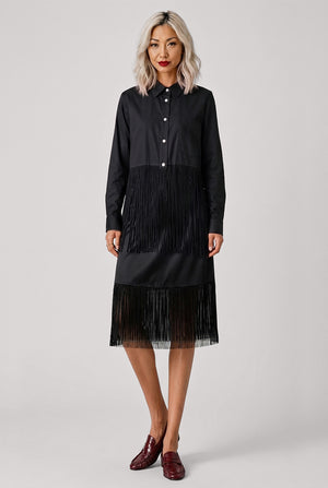 COMME DES GARCONS BLACK RTW Satin Fringe Hem Long Shirt | Black