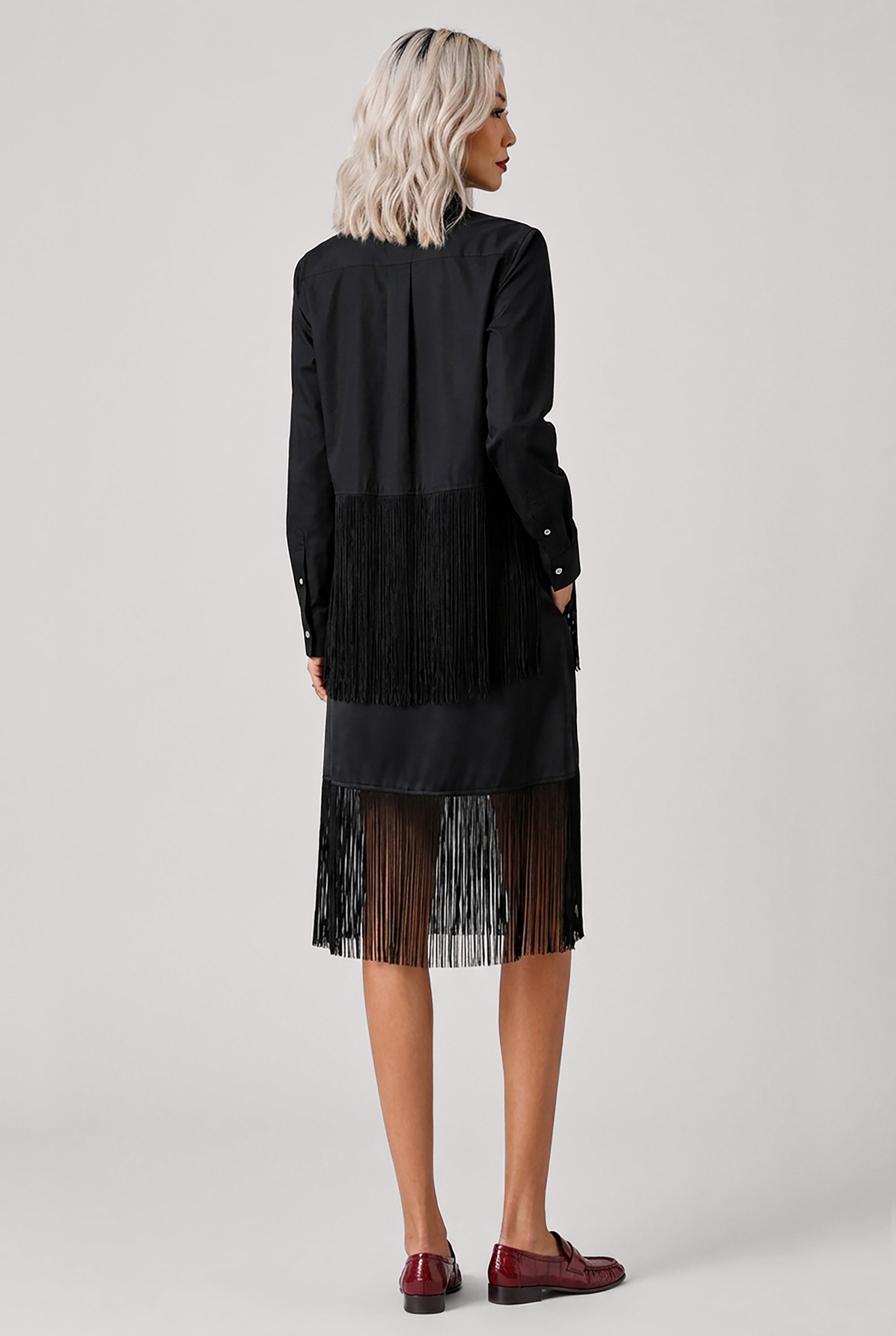 COMME DES GARCONS BLACK Satin Fringe Layer Midi Skirt | Black