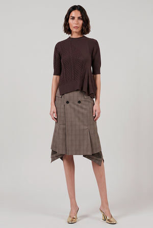 3/4 Sleeve Chain Knit With Asymmetric Hem Detail | Brown