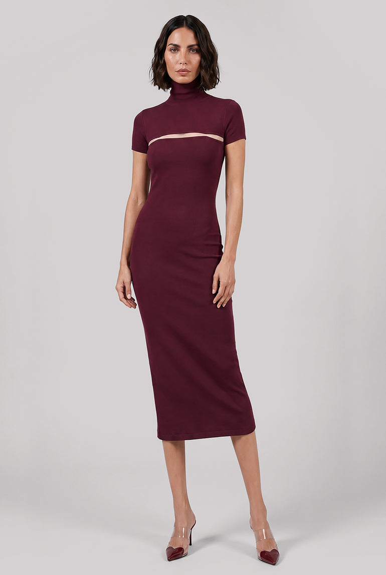 ALAIA RTW High-Neck Cut Out S/S Bodycon Midi Dress | Burgundy