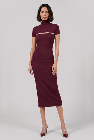 ALAIA RTW High-Neck Cut Out S/S Bodycon Midi Dress | Burgundy