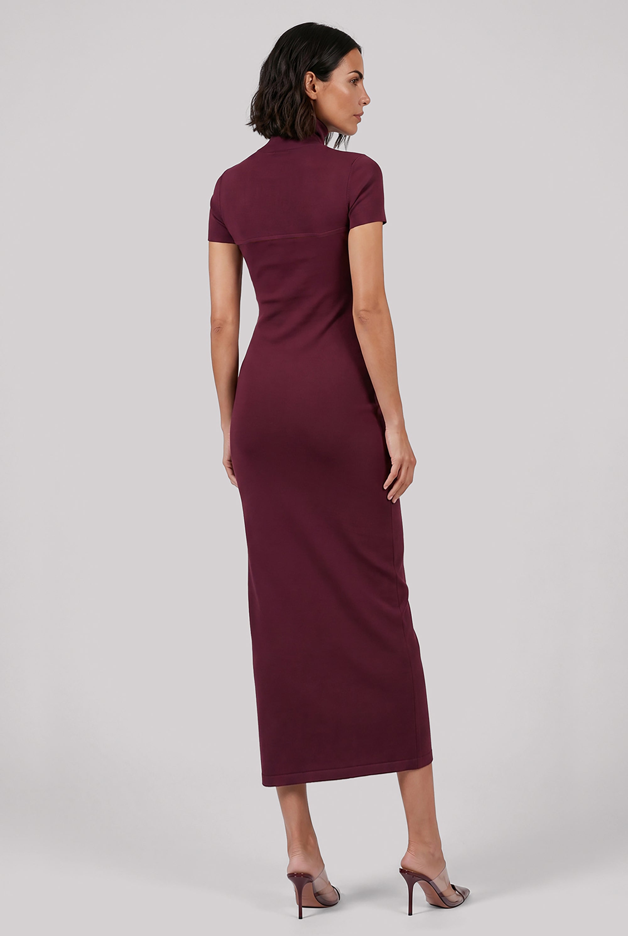 ALAIA RTW High-Neck Cut Out S/S Bodycon Midi Dress | Burgundy