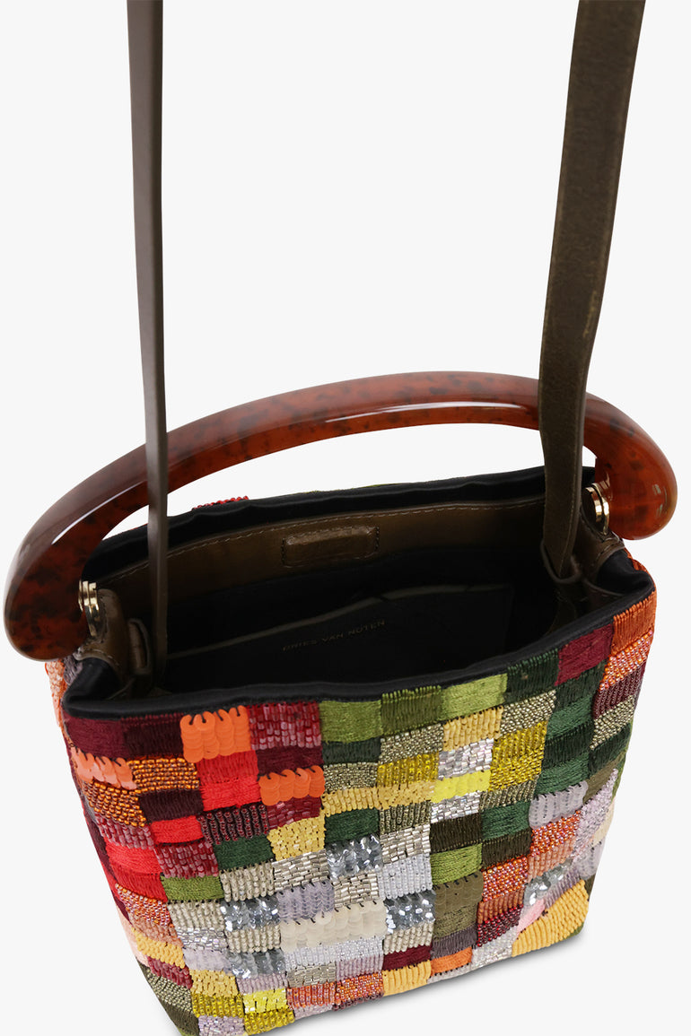 Interior of the Dries Van Noten Crispino bag showing the lining and brand stamp