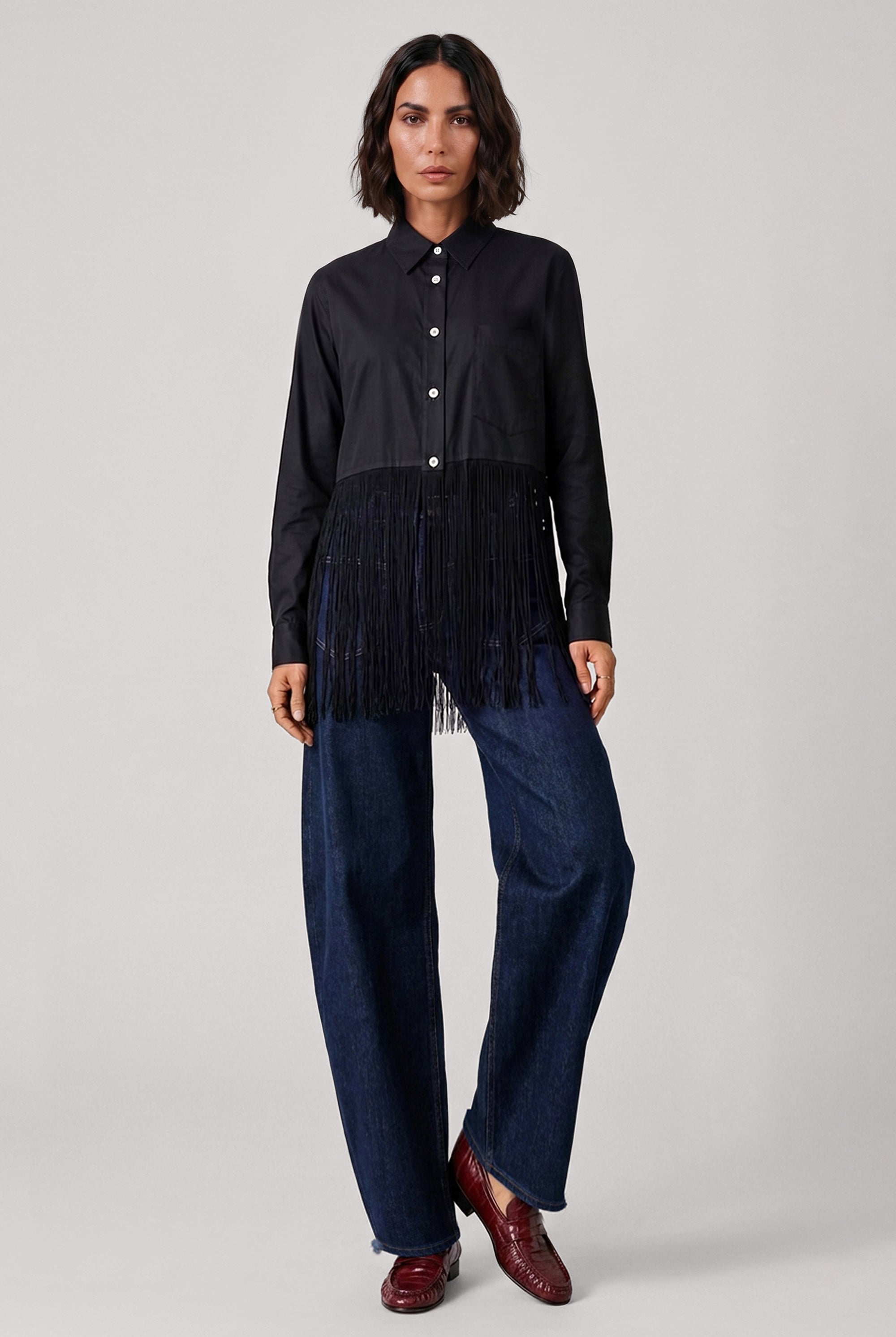 COMME DES GARCONS BLACK RTW Satin Fringe Hem Long Shirt | Black