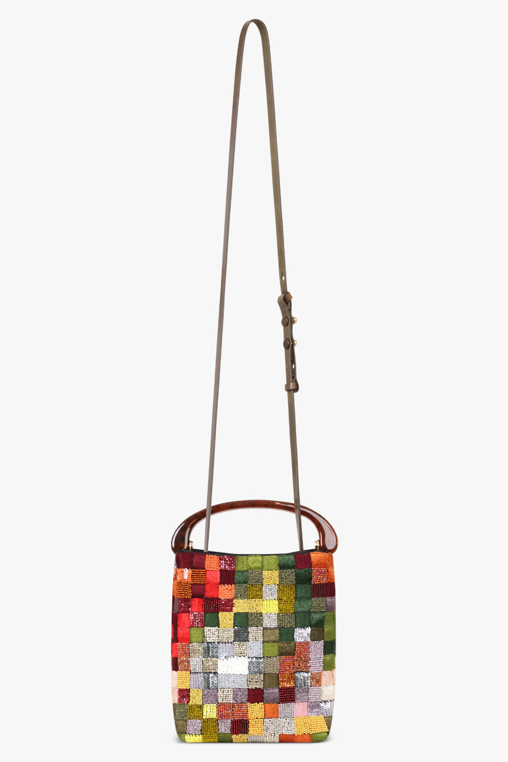 Dries Van Noten Crispino bag in multi, full length view with the crossbody strap extended