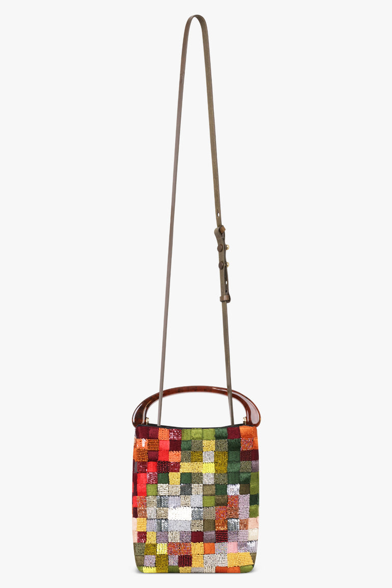 Dries Van Noten Crispino bag in multi, full length view with the crossbody strap extended