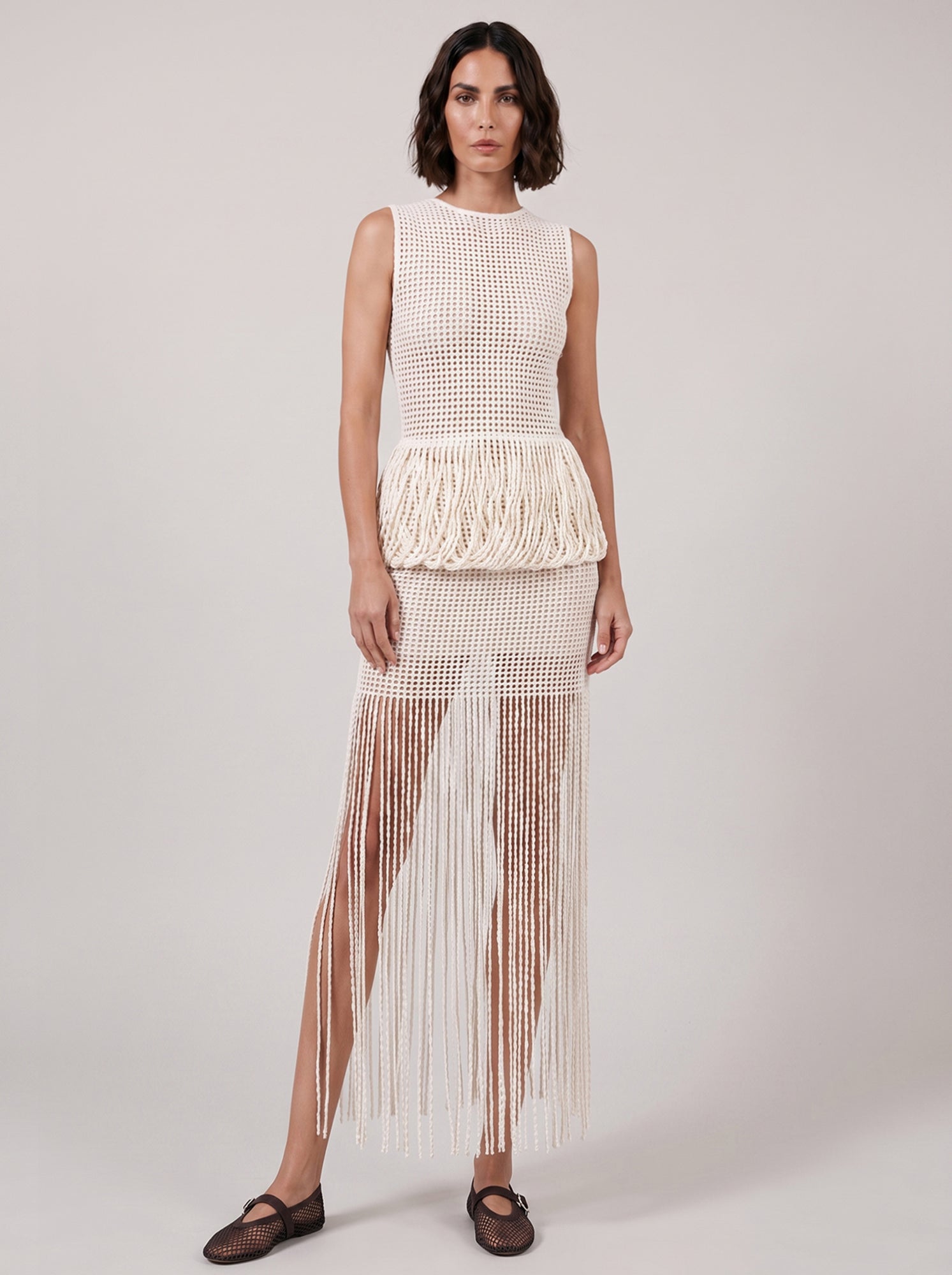 ALAIA RTW Bead Knit Column Skirt | Natural White