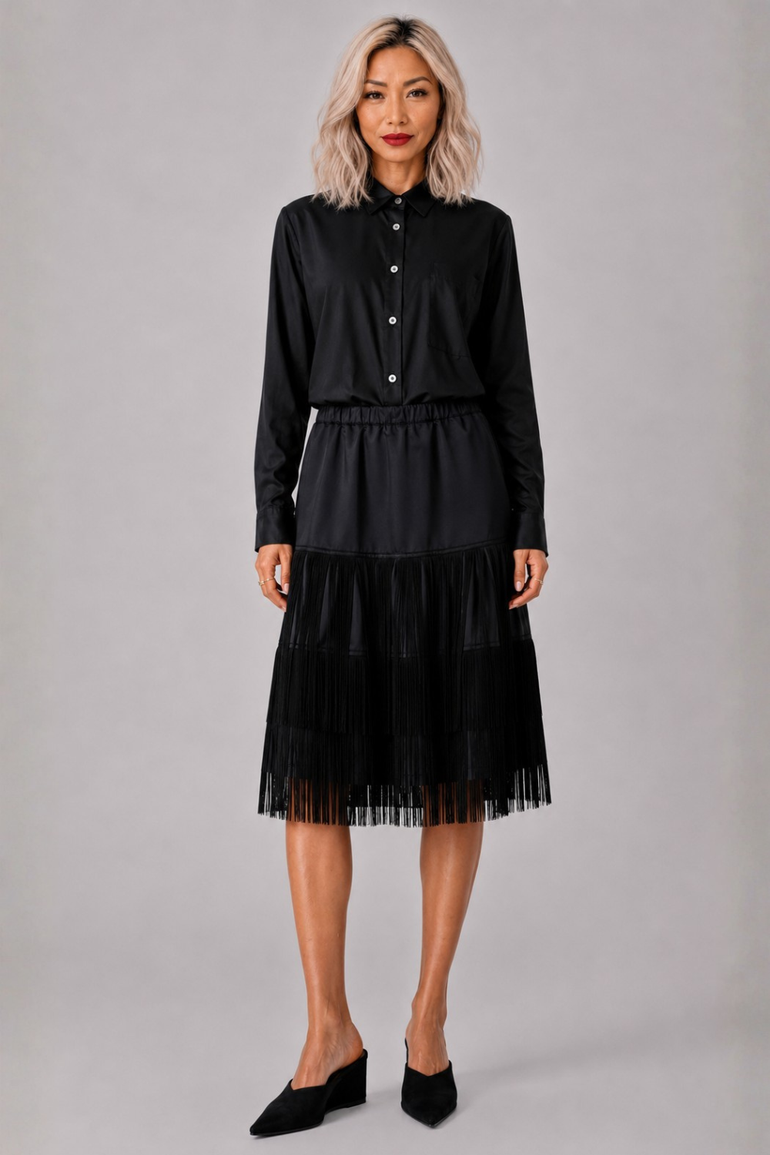 COMME DES GARCONS BLACK Satin Fringe Layer Midi Skirt | Black