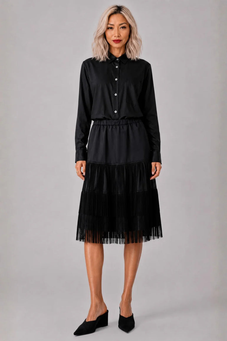 COMME DES GARCONS BLACK RTW Satin Fringe Hem Long Shirt | Black