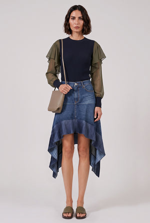 L/S Silky X Knit Pullover With Tiered Flutter Sleeves | Navy/Khaki