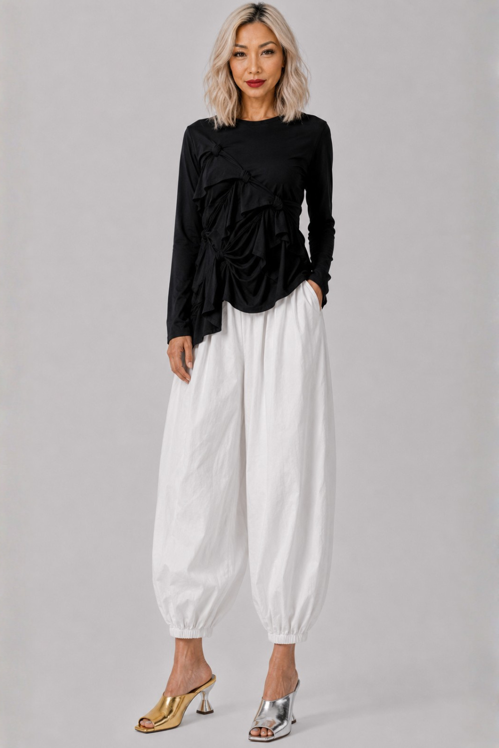COMME DES GARCONS RTW Pleat Front Balloon Pant With Elastic Cuff | White