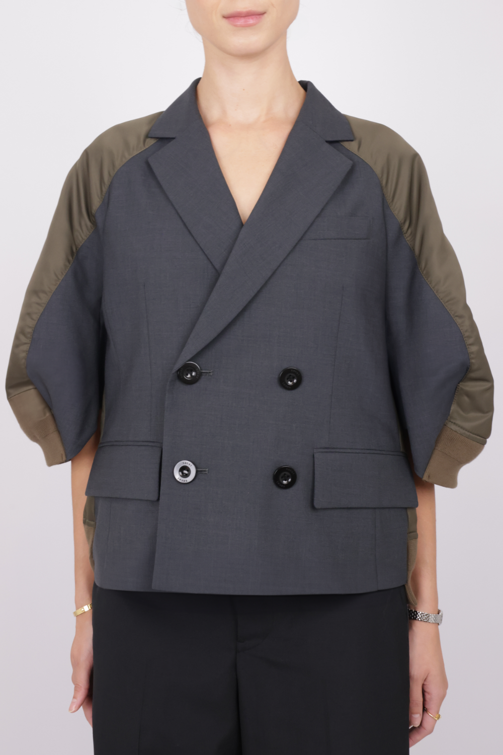 SACAI RTW Suiting X Twill Oversize Double Breast Jacket | Grey/Khaki