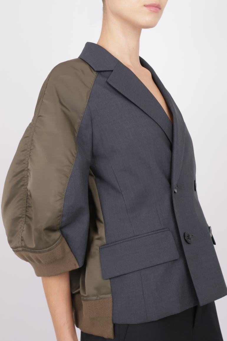 SACAI RTW Suiting X Twill Oversize Double Breast Jacket | Grey/Khaki