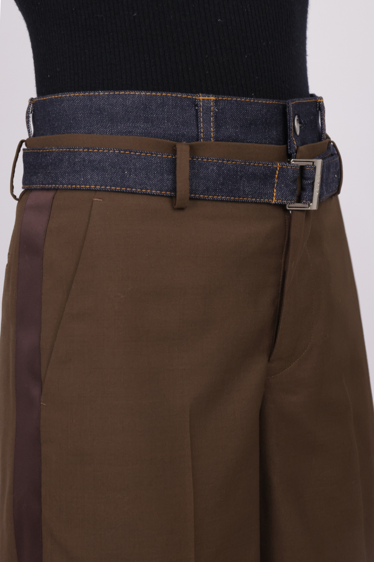 SACAI RTW Suiting X Denim Wide Leg Crop Pant | Brown/Indigo