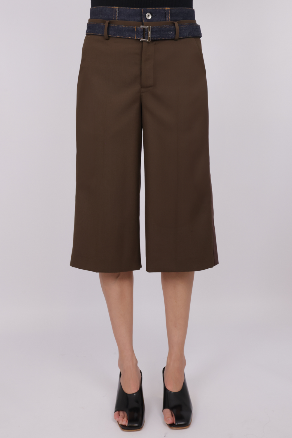SACAI RTW Suiting X Denim Wide Leg Crop Pant | Brown/Indigo