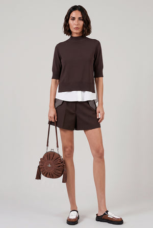 SACAI RTW Knit S/S Pullover With Shirt Panelling | Brown/Off White