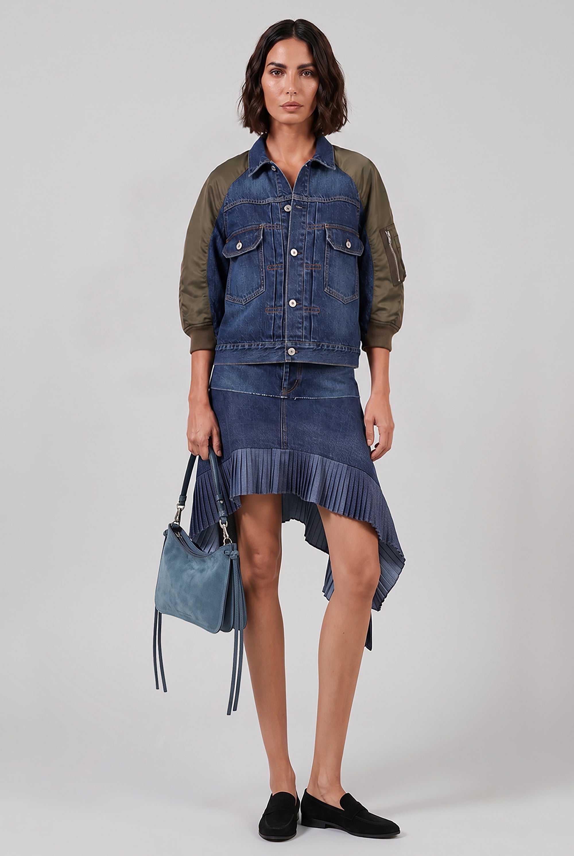 SACAI RTW Contrast Denim Jacket With 3/4 Sleeves | Blue/Khaki