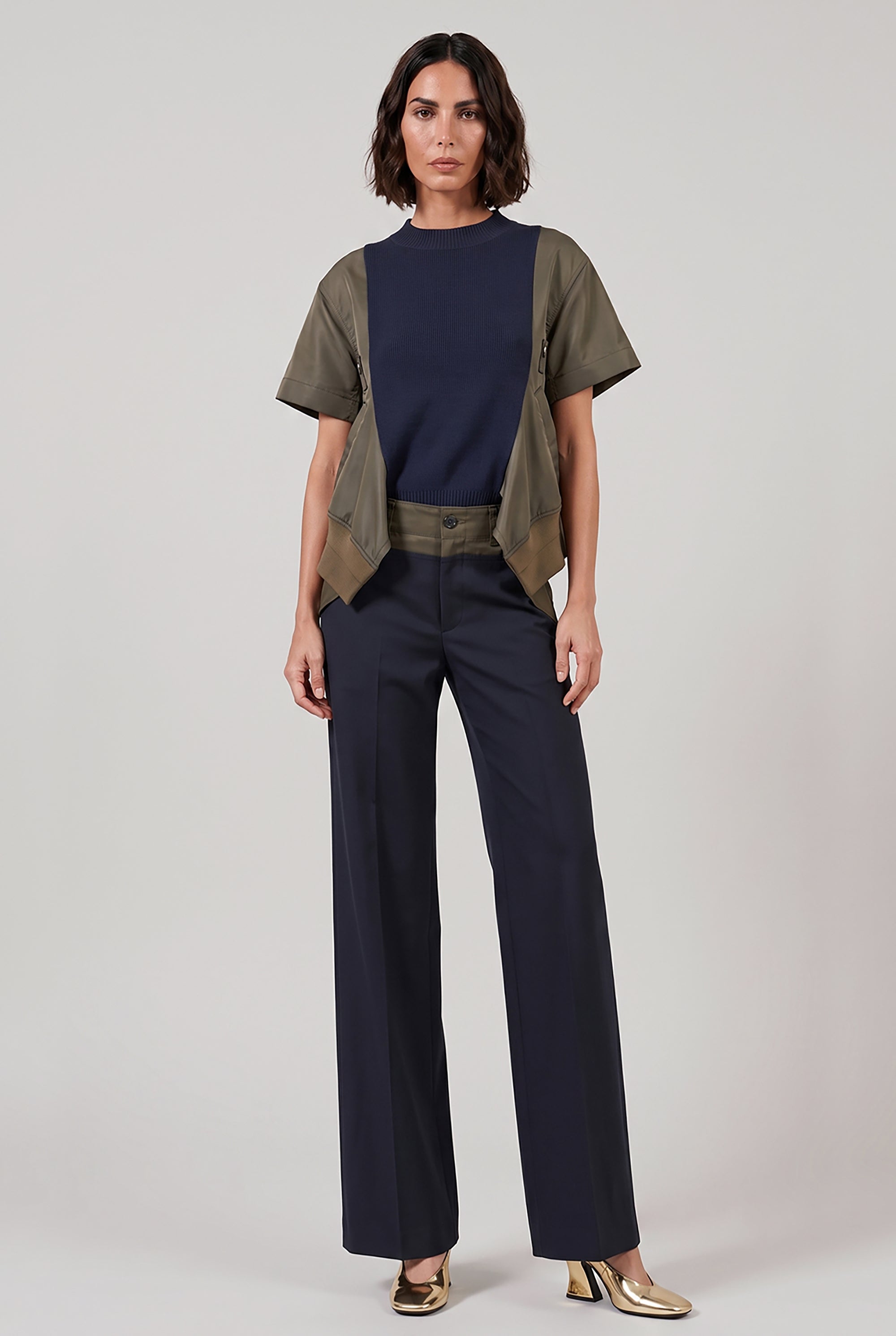 SACAI RTW Contrast S/S Panel X Knit Pullover Top | Navy/Khaki